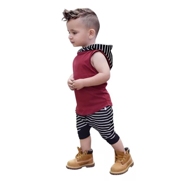 Boys sleeveless red hoodie top and striped pants set