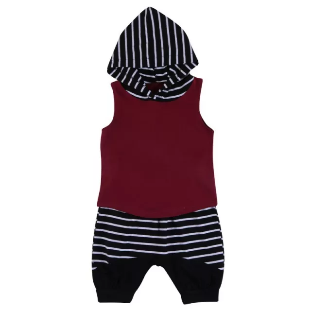 Boys sleeveless red hoodie top and striped pants set