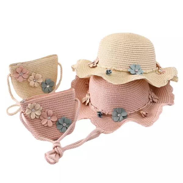 Kids straw hats with matching bag